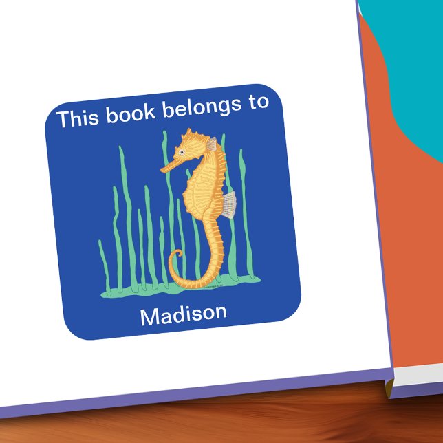 Pegatina Cuadrada Caballo De Mar Cuto Que Pertenece A Bookplate (Cute Seahorse This Belongs To Personalized Bookplate)