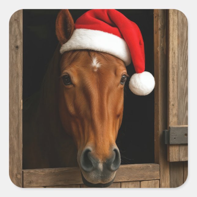 Pegatina Cuadrada Caballo de Navidad en ventana de establo (Anverso)