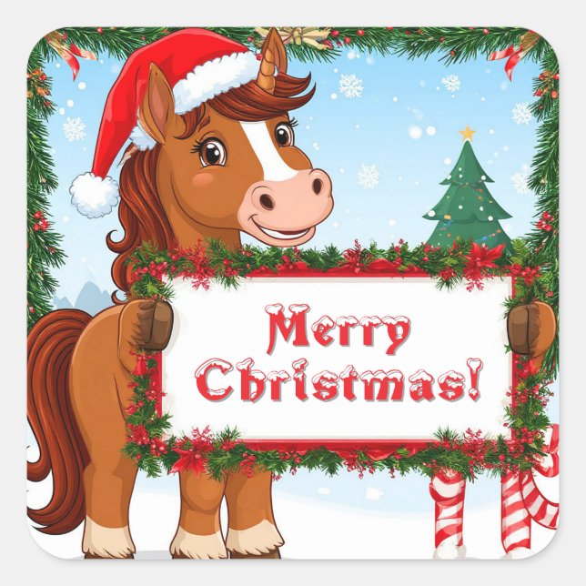 Pegatina Cuadrada Caballo de Navidad lindo (Anverso)