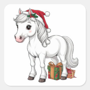 Pegatina Cuadrada Caballo de Navidad lindo con sombrero de Santa