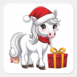 Pegatina Cuadrada Caballo de Navidad lindo con sombrero de Santa