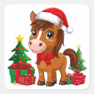 Pegatina Cuadrada Caballo de Navidad lindo con sombrero de Santa