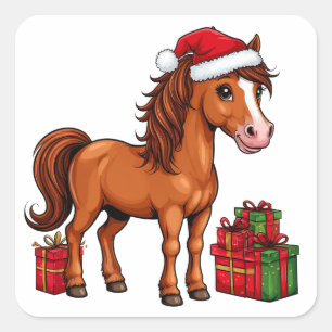 Pegatina Cuadrada Caballo de Navidad lindo con sombrero de Santa