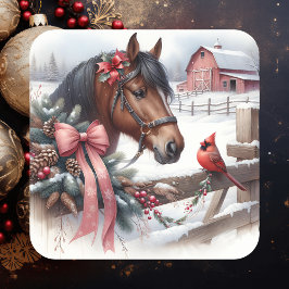 Pegatina Cuadrada Caballo de Navidades marrones y cardenal