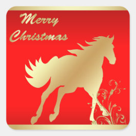 Pegatina Cuadrada Caballo de Oro en la Navidad de los Cerezos Rojos