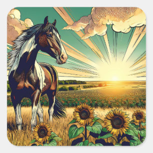 Pegatina Cuadrada Caballo de Pinto en un campo de girasol