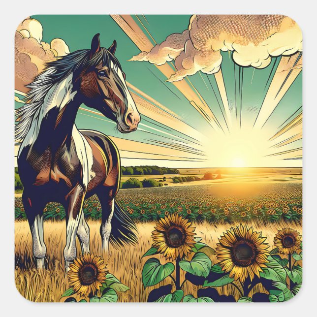Pegatina Cuadrada Caballo de Pinto en un campo de girasol (Anverso)