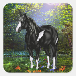 Pegatina Cuadrada Caballo de pintura en blanco y negro