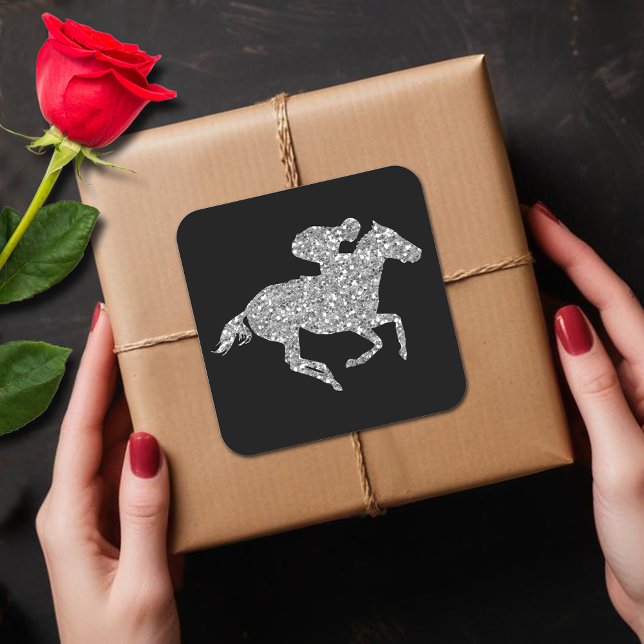 Pegatina Cuadrada Caballo de Purpurina Plateado Derby Bridal Shower (Silver racehorse Derby bridal shower square stickers)