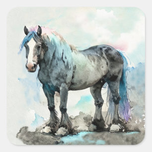 Pegatina Cuadrada Caballo de raza Shire Gentil Acuarela Azul