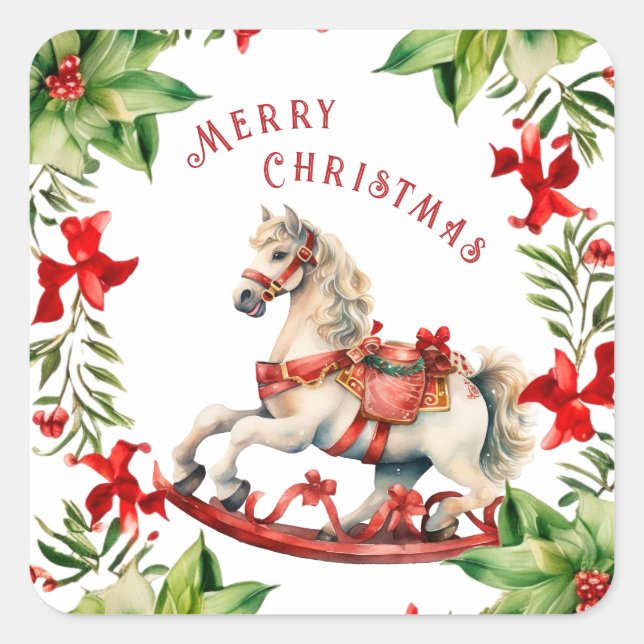 Pegatina Cuadrada Caballo de Rocas Vintage Blanco (Anverso)