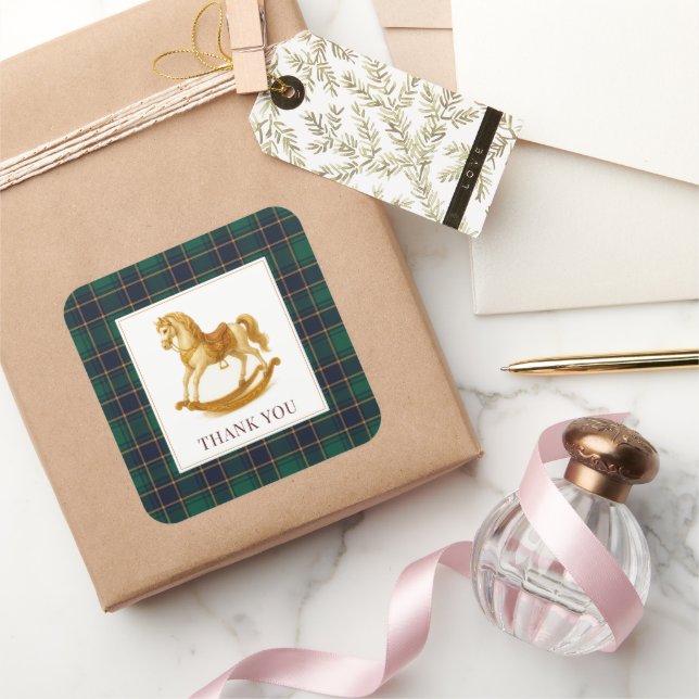 Pegatina Cuadrada Caballo de Rocking Baby Shower Elegant Tartan Plai (Regalar)