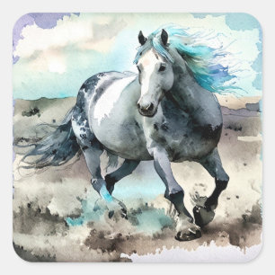 Pegatina Cuadrada Caballo de tiro galopante acuarela