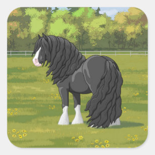 Pegatina Cuadrada Caballo de tiro Tinker Gypsy Vanner negro y blanco