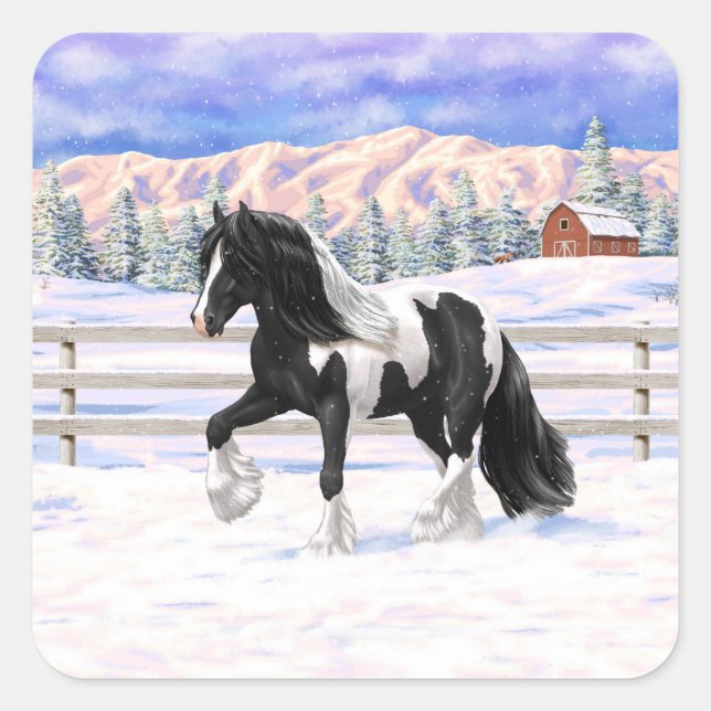 Pegatina Cuadrada Caballo de Vanner de Black Pinto Piebald Gypsy (Anverso)