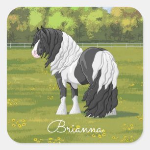 Pegatina Cuadrada Caballo de Vanner de Black Pinto Piebald Gypsy