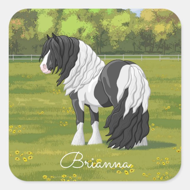 Pegatina Cuadrada Caballo de Vanner de Black Pinto Piebald Gypsy (Anverso)