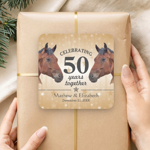 Pegatina Cuadrada Caballo Elegante Personalizado en Oro Aniversario
