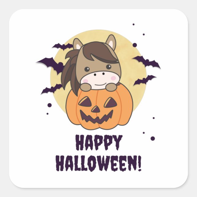 Pegatina Cuadrada Caballo En Calabaza Caballos Dulces Feliz Hallowee (Anverso)