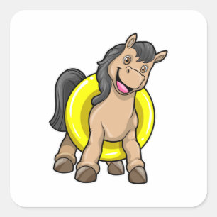 Pegatina Cuadrada Caballo en la playa con anillo de natación