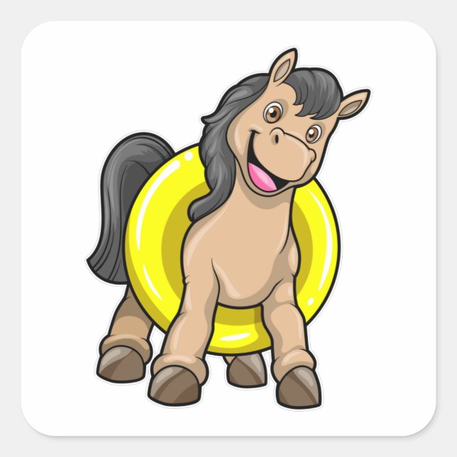 Pegatina Cuadrada Caballo en la playa con anillo de natación (Anverso)