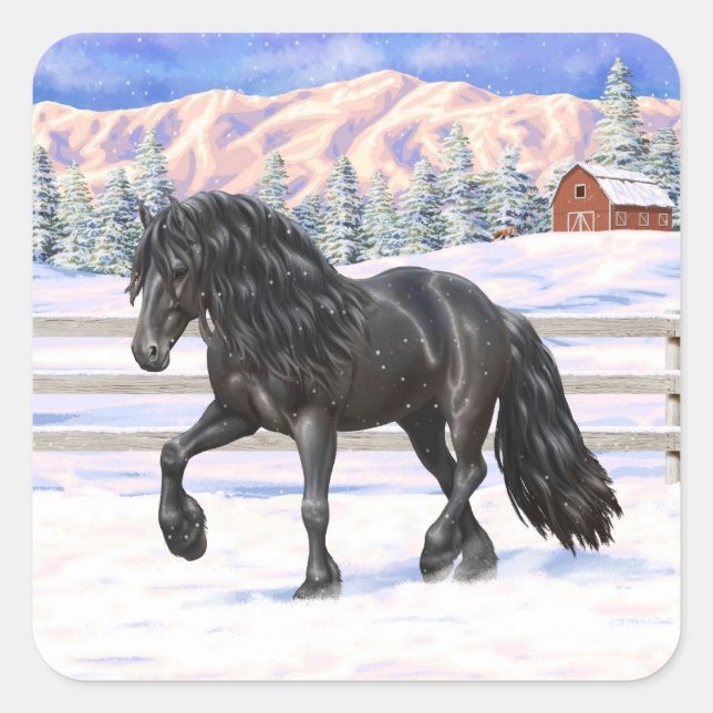 Pegatina Cuadrada Caballo Friesiano Negro Borrador En Nieve (Anverso)