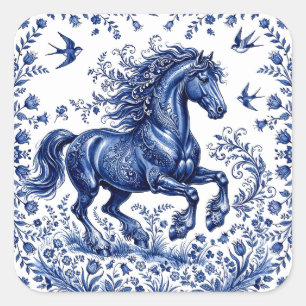 Pegatina Cuadrada Caballo frisón al estilo Delftware en prado