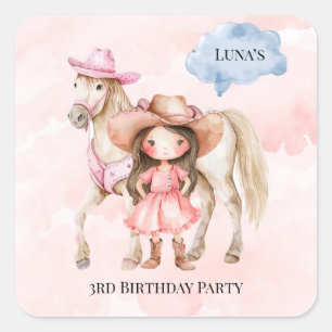 Pegatina Cuadrada Caballo lechero Rosa Fiesta de Cumpleaños 00