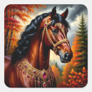 Pegatina Cuadrada Caballo majestuoso con arnés de oro ornamentado