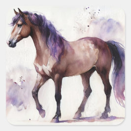 Pegatina Cuadrada Caballo marrón acuarela con morado