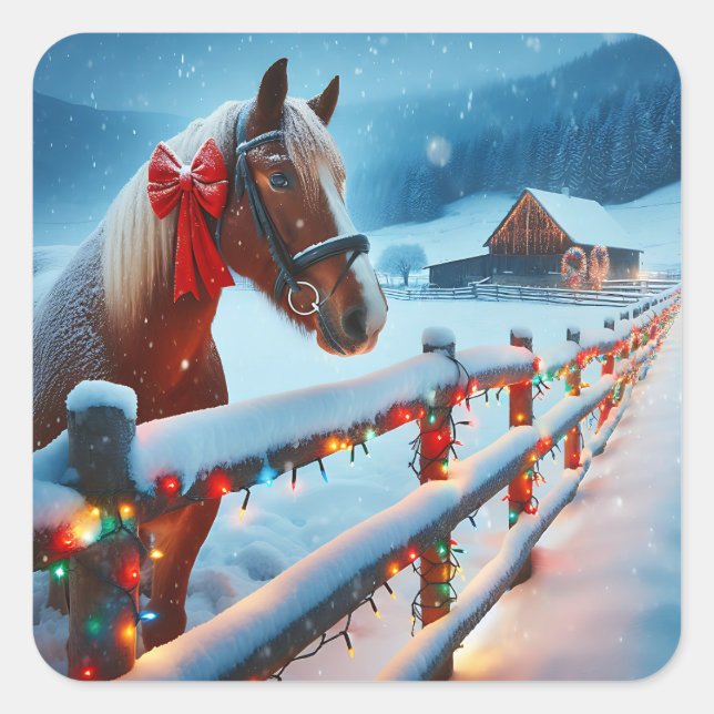 Pegatina Cuadrada Caballo marrón bonito con Navidades Bow (Anverso)