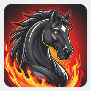 Pegatina Cuadrada 🔥 Caballo Negro Ardiente con Ojos Brillantes Fant