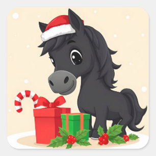 Pegatina Cuadrada Caballo Negro de Dibujos Animados Festivos con Som