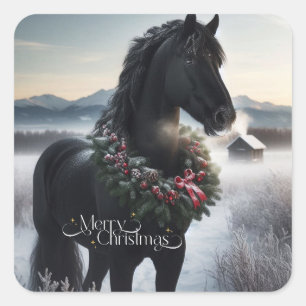 Pegatina Cuadrada Caballo negro en la nieve con corona de Navidades