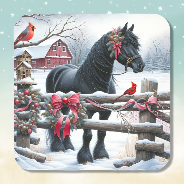 Pegatina Cuadrada Caballo negro festivo y Navidades cardinales (Subido por el creador)