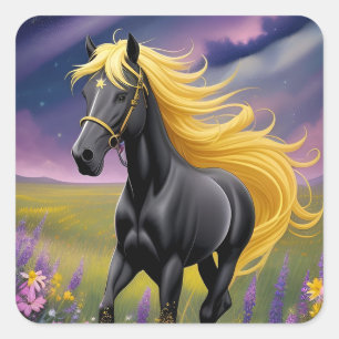Pegatina Cuadrada Caballo negro majestuoso con melena dorada fluida