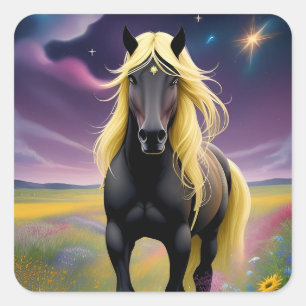 Pegatina Cuadrada Caballo negro majestuoso con melena dorada fluida