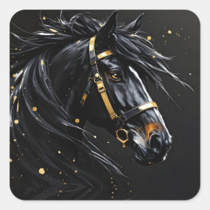 Pegatina Cuadrada Caballo negro sobre negro con toques de oro y blan