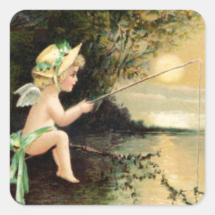 Pegatina Cuadrada Caballo: Pequeño Cherub con araña de pescar