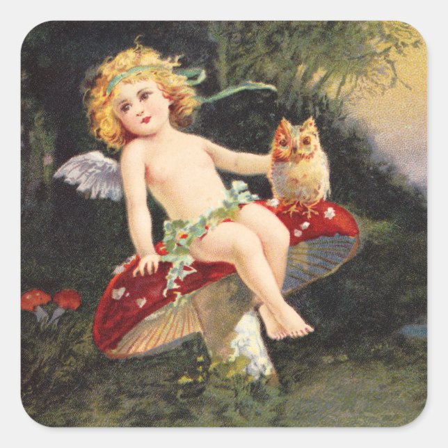 Pegatina Cuadrada Caballo: Pequeño Cherub en hongos (Anverso)