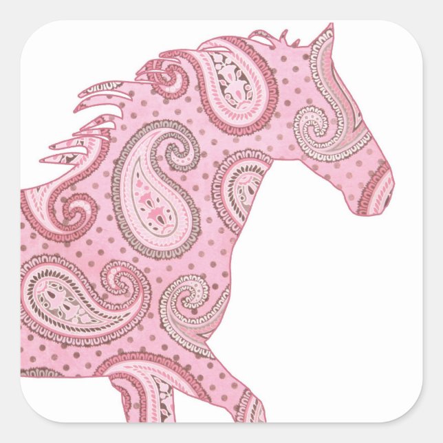 Pegatina Cuadrada Caballo rosado Paisley (Anverso)