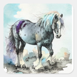 Pegatina Cuadrada Caballo Shire Acuarela