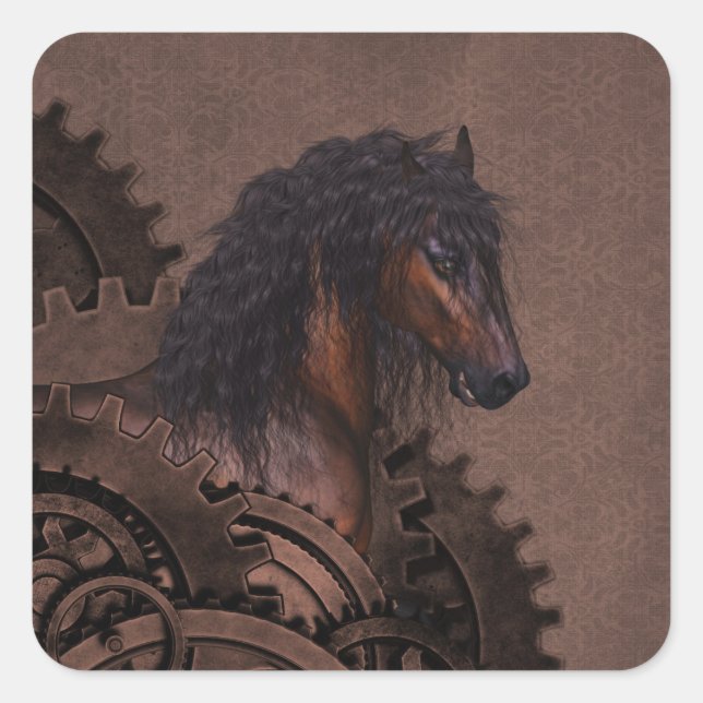 Pegatina Cuadrada Caballo Steampunk (Anverso)