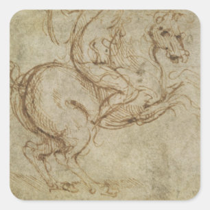 Pegatina Cuadrada Caballo y caballeros (pluma y tinta en el papel)