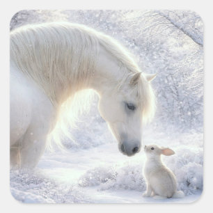 Pegatina Cuadrada Caballo y conejo hermoso de vacaciones de Navidad