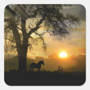 Pegatina Cuadrada Caballo y roble con Pegatinas del amanecer