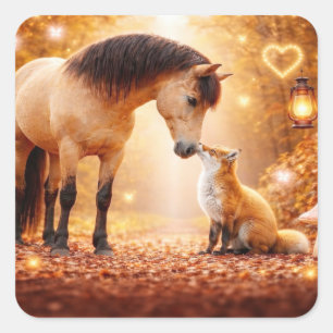 Pegatina Cuadrada Caballo y Zorro Fantasía Bosque Encantador