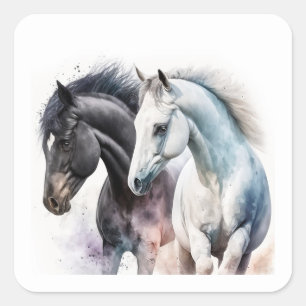 Pegatina Cuadrada Caballos blancos y negros en acuarela