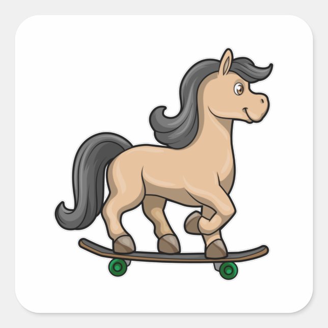 Pegatina Cuadrada Caballos como patinador con patineta (Anverso)