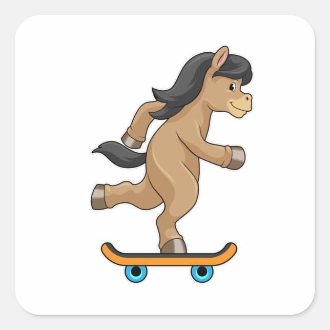 Pegatina Cuadrada Caballos como patinador con patineta (Anverso)